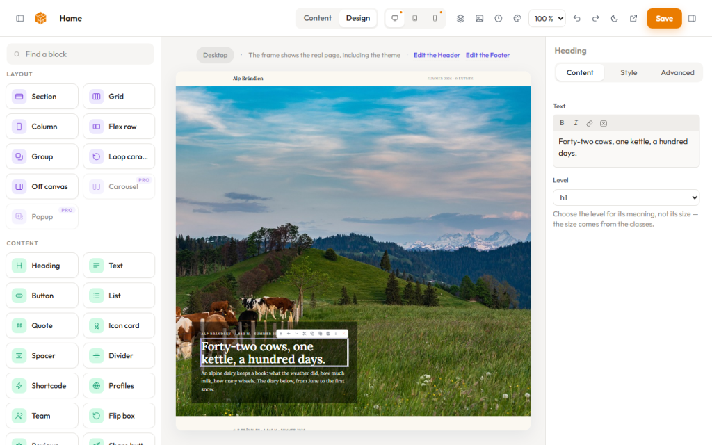 Der Editor des Ambera Theme Builders: Bausteine links, Seite in der Mitte, Einstellungen rechts